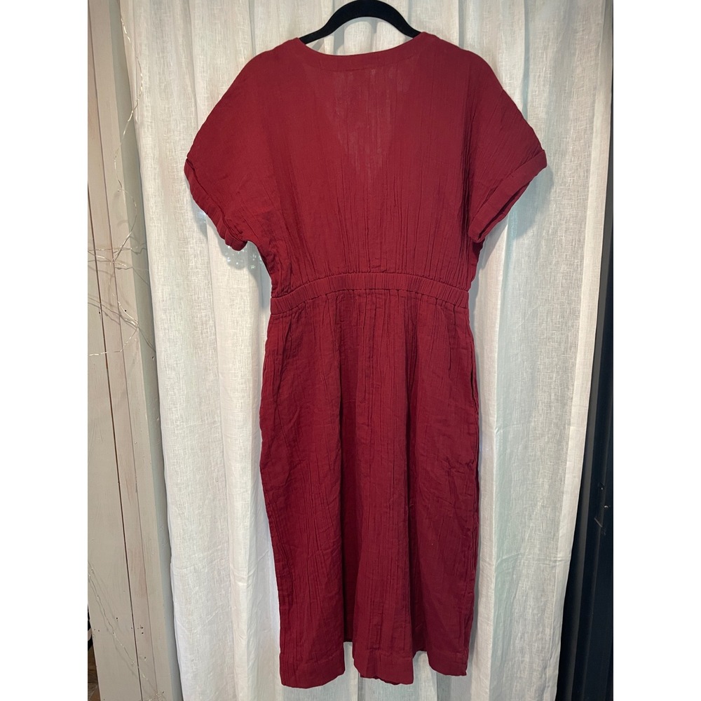 Pact Organic Cotton Gauze Midi Dress Burgundy Red Button Front V-Neck Small - Picture 2 of 3